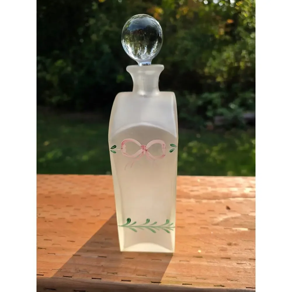 Vintage 90s Crabtree & Evelyn Frosted Glass Decanter Hand Painted Floral